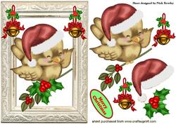 Cute Little Robin on Holly Frame with Bells