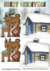 Teddy with Reindeer in the Snow with Cottage