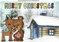 Teddy with Reindeer in the Snow with Cottage A4