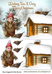 Gnome Feeding Birds in Orange with Cottage