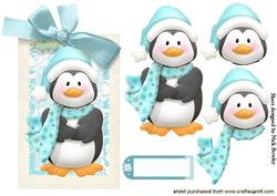 Cute Penguin in Hat and Scarf on a Tag with Bow