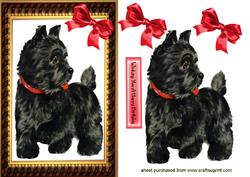 Cute Black Scottie Dog with Bow in Gold Frame