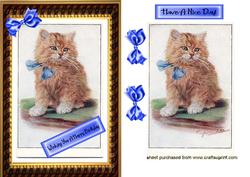 Cute Little Kitten with Blue Bow in Gold Frame
