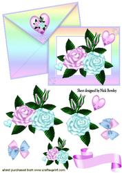 Shades of Pink/blue Roses on a Card with Envelope