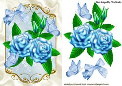 Blue Roses and Blue Butterflies in Ornate Frame