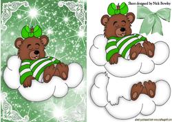 Sleepy Teddy in Green on a Cloud with Stars