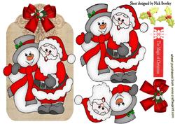 Santa and Snowman on a Tag with Holly Bow