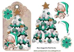 Little Teddy with Turq Christmas Tree on a Tag