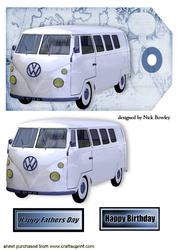 White Volkswagen Camper Van on a Map with Vintage Tag