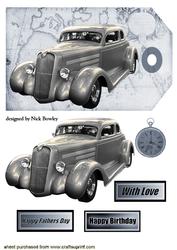 Vintage Silver Car with Pipe and Fob Watch on Vintage Tag