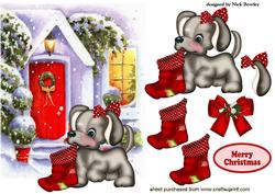 Cute Puppy with Stocking with Snow Cottage