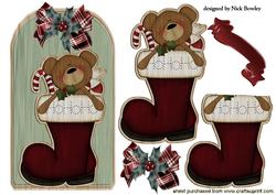 Teddy in Stocking on Wooden Tag with Candy