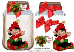 Santas Elf in a Jar with Present and Big Bow