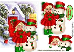 Little Girl in Her Red Coat with Snowman