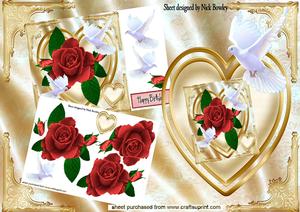Beautiful Hand Painted Red Roses on Gold Heart & Dove 8x8