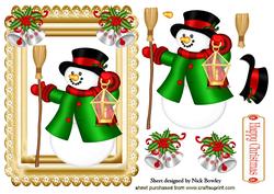 Christmas Snowman with Bells in Ornate Frame