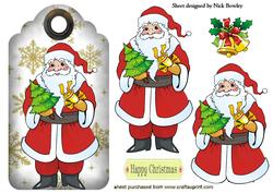 Jolly Santa with Bells on Gold Snowflake Tag