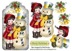 Snowman with Little Girl and Bells on a Tag