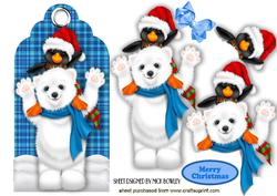 Cute Penguin with Polar Bear on Tartan Blue Tag