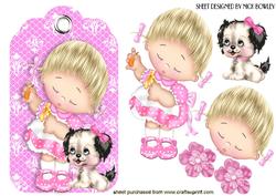 Little Girl with Puppy on Lace Tag