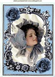 Vintage Lady in Blue Ornate Frame with Roses A4