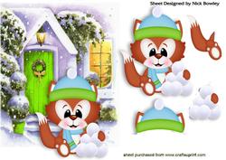 Cute Christmas Fox with Snowballs & Cottage