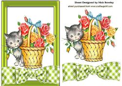 Vintage Kitty with Basket of Flowers with Bow