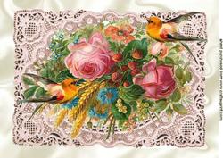 Pretty Coloured Vintage Flowers on Lace with Birds A4