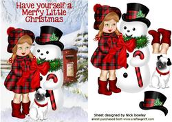 Little Girl in Tartan with Snowman & Pug