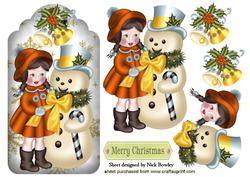 Little Girl in Orange with Snowman on a Tag