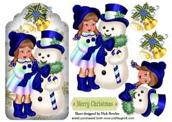 Little Girl in Rainbow with Snowman on a Tag