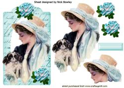 Edwardian Lady in Blue with Puppy on Script Tag