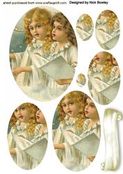 Vintage Little Girls Carol Singing Oval Pyramids