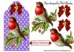 Vintage Robin on Holly on a Purple Tag with Stars