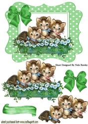 Little Kitties in Green Gingham Frame with Bow