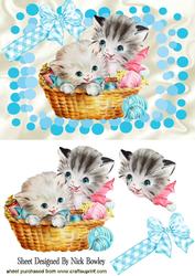 Kittens in Basket of Knitting with Bow