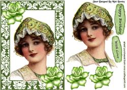 Pretty Lady in Ornate Frame with Green Roses