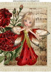 Pretty Faerie with Vintage Red Flowers A4