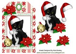 Little Black Kitty in Santa Hat on a Tag