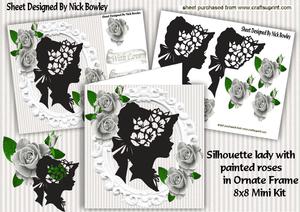 Pretty Silhouette Lady with Silver Painted Roses 8x8 Mini Ki