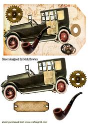 Vintage Car with Steampunk and Pipe on Tag