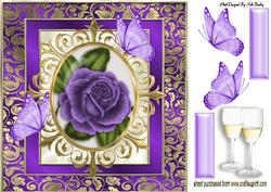 Purple Rose in Ornate Frame with Butterflies 8x8