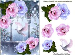 Dove in Fantasy Garden with Pretty Flowers