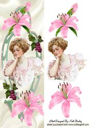 Vintage Lady with Pink Lillies Tall Dl Card