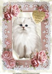 White Kitty with Romantic Gold Heart and Roses A4