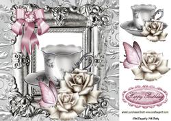 Teacup with Roses and Butterfly in Ornate Frame 8x8