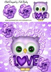 Cute Purple Owl with Love and Roses 8x8
