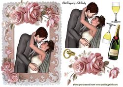 Wedding Couple in Rose Frame with Champagne