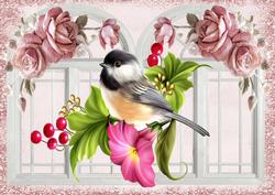 Pretty Bird with Petunias and Pink Roses A4