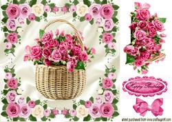 Basket of Roses in Rose Frame with Bow 8x8